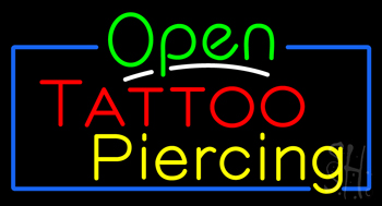 Open Tattoo Piercing Blue Border LED Neon Sign