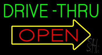 Green Drive Thru Open Arrow LED Neon Sign