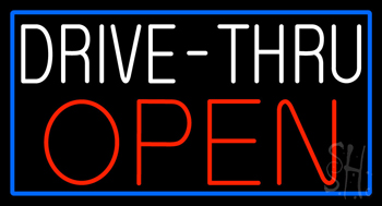 White Drive Thru Red Open With Blue Border LED Neon Sign