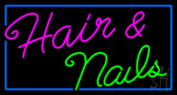Cursive Hair And Nails With Blue Border LED Neon Sign