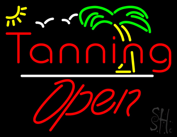 Red Tanning Open White Line With Palm Tree LED Neon Sign
