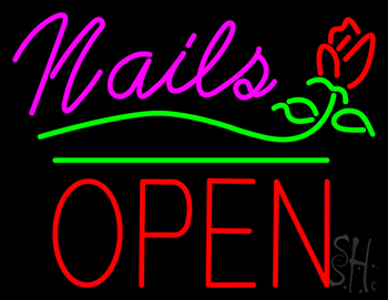 Pink Nails Block Open Green Line Flower Logo LED Neon Sign