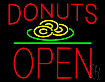 Donut Red And Logo Block Open Green Line LED Neon Sign