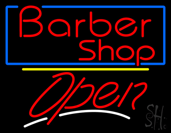 Barber Shop Blue Border Open LED Neon Sign