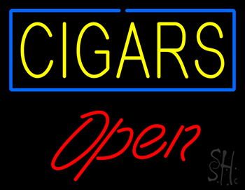 Yellow Cigars Blue Border Open LED Neon Sign