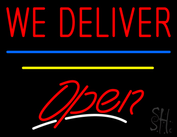 We Deliver Open Blue And Yellow Line LED Neon Sign