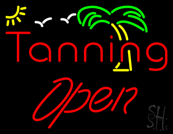 Red Tanning Open With Palm Tree LED Neon Sign