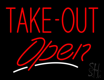 Red Take Out Open With White Line LED Neon Sign