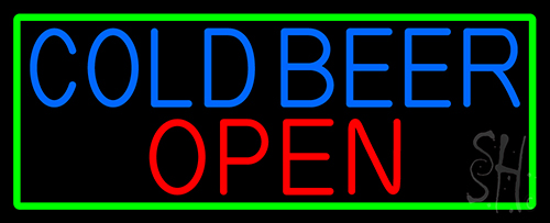 Cold Beer Open With Green Border LED Neon Sign