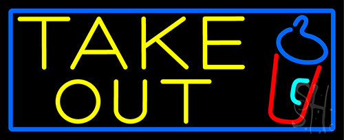 Take Out And Wine Glass With Blue Border LED Neon Sign
