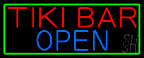 Tiki Bar Open With Green Border LED Neon Sign