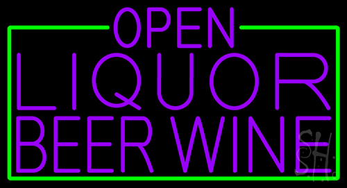 Purple Open Liquor Beer Wine With Green Border LED Neon Sign