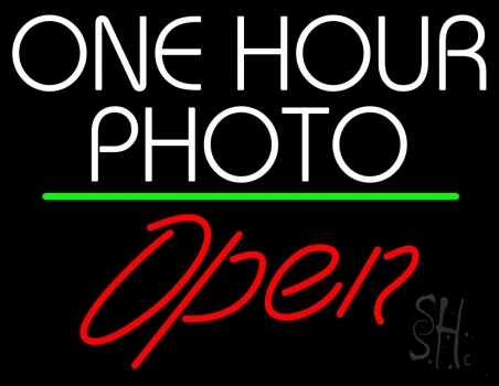 White One Hour Photo Open 2 LED Neon Sign