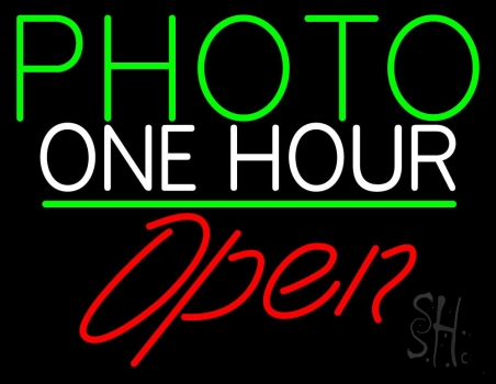 Green Photo One Hour With Open 2 LED Neon Sign