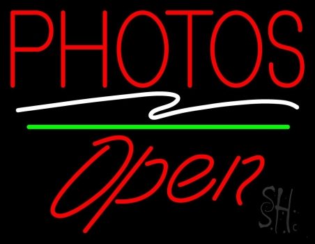 Red Photos Block With Open 2 LED Neon Sign